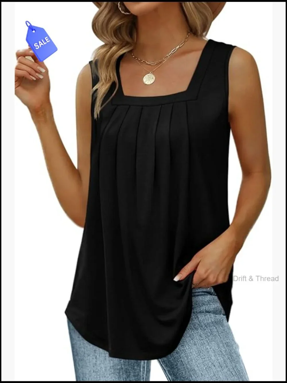Women's Loose Fit Square Neck Tank Top Pleated Curved Hem Summer